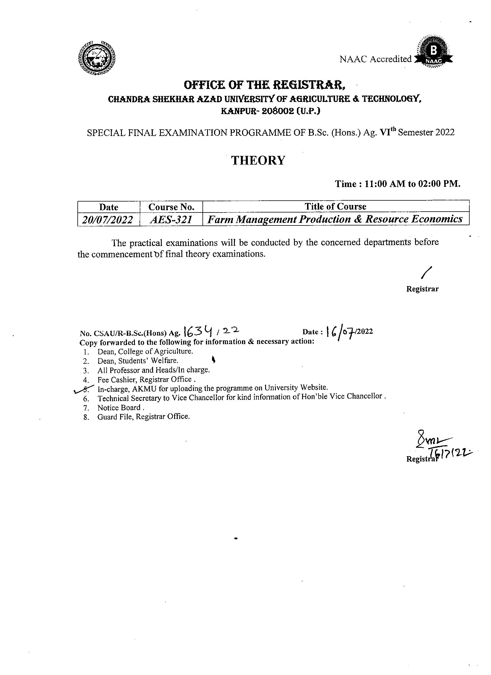 Special Final Examination Programme Of B.Sc. (Hons.) Ag. VIth Sem 2022 ...