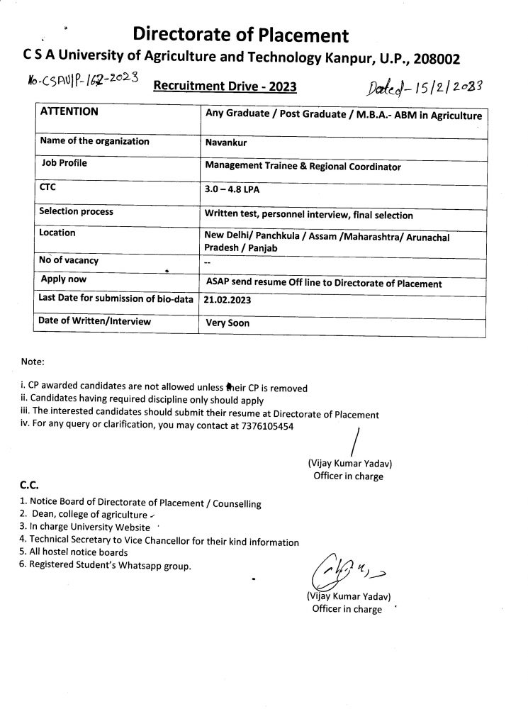 Recruitment Drive-2023 : Campus Placement in Navankur from Directorate ...