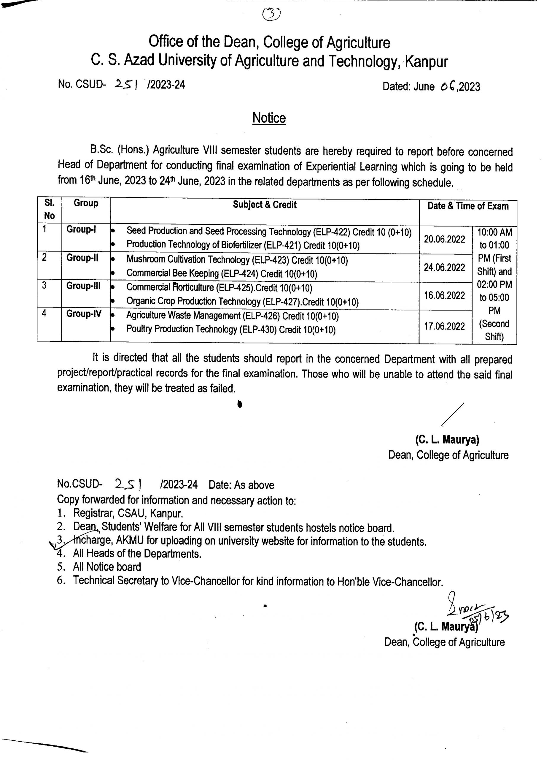 Notice Regarding Final Examination Schedule Of B.Sc.(Hons.) Ag. VIIIth ...